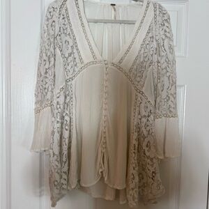 Free People Cream Lace Boho Romantic Button-Front Tunic